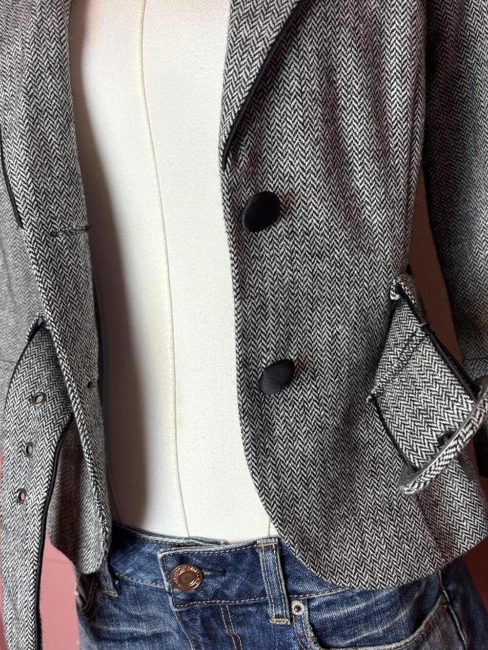 vintage forever 21 wool belted blazer 2000s y2k collegiate grey sz small office - Picture 7 of 8